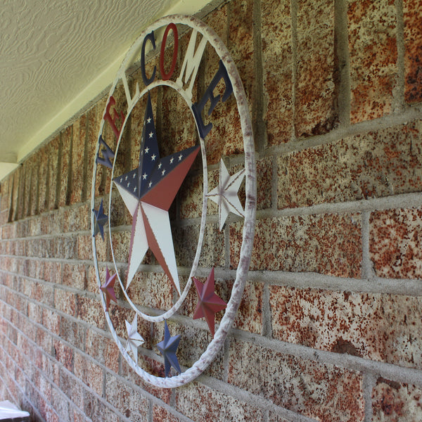 24" WELCOME USA FLAG BARN METAL FLAT STAR 2D PLAIN RED WHITE BLUE WESTER HOME DECOR HANDMADE NEW #EH12310