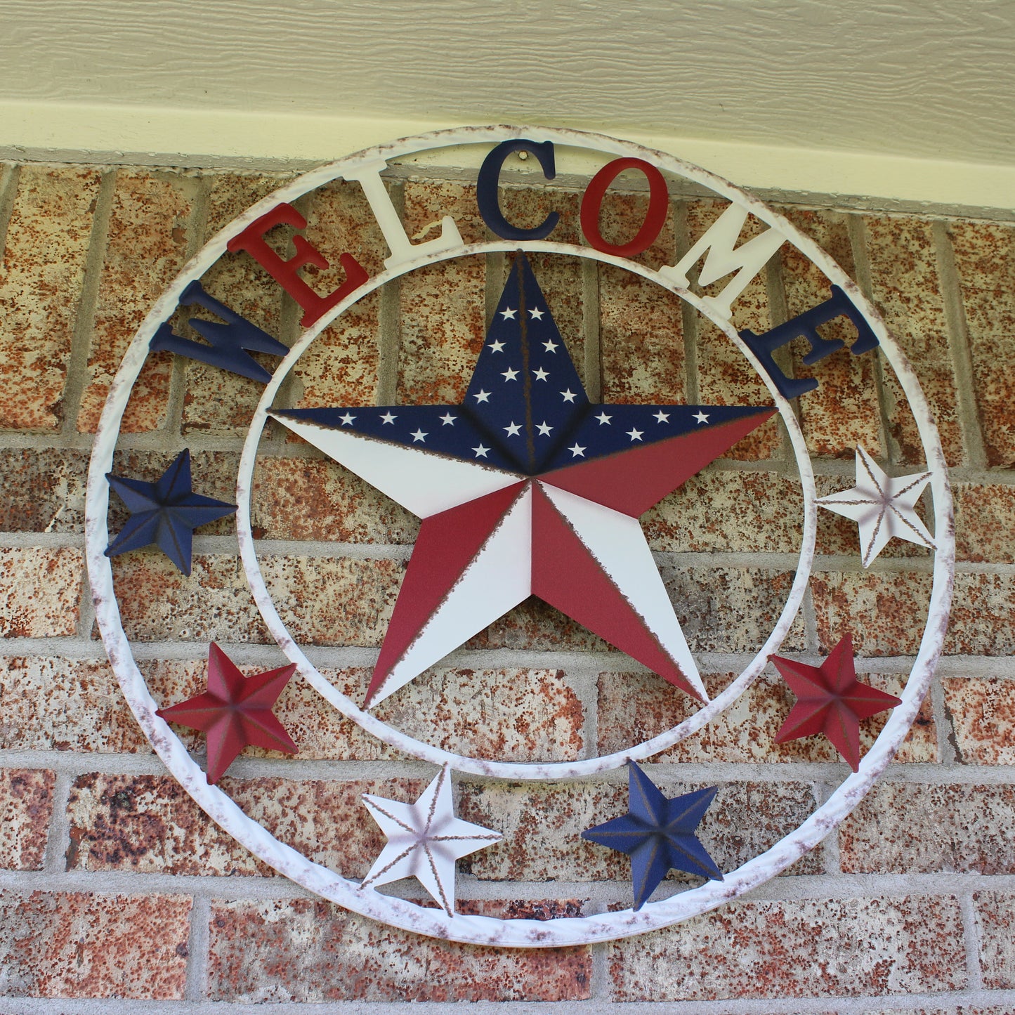 24" WELCOME USA FLAG BARN METAL FLAT STAR 2D PLAIN RED WHITE BLUE WESTERN HOME DECOR HANDMADE NEW #EH12310