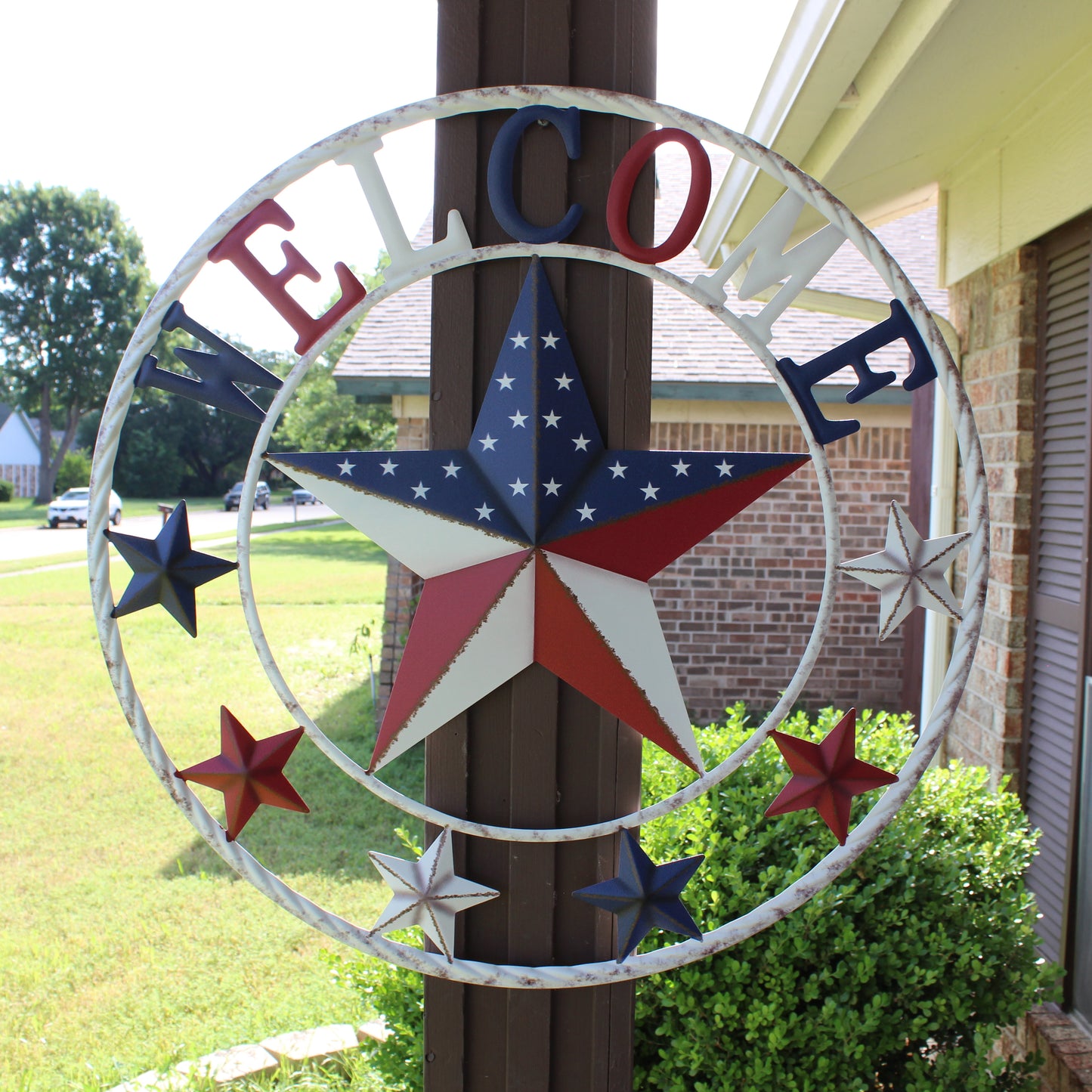 24" WELCOME USA FLAG BARN METAL FLAT STAR 2D PLAIN RED WHITE BLUE WESTERN HOME DECOR HANDMADE NEW #EH12310