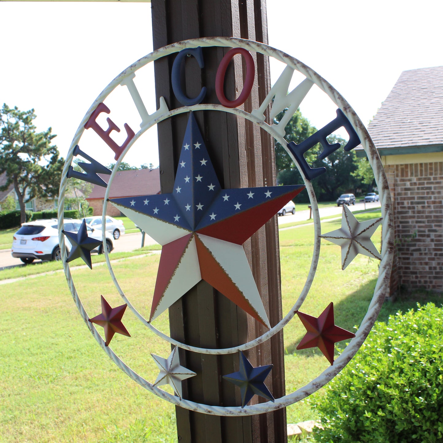 24" WELCOME USA FLAG BARN METAL FLAT STAR 2D PLAIN RED WHITE BLUE WESTERN HOME DECOR HANDMADE NEW #EH12310