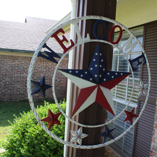 24" WELCOME USA FLAG BARN METAL FLAT STAR 2D PLAIN RED WHITE BLUE WESTER HOME DECOR HANDMADE NEW #EH12310