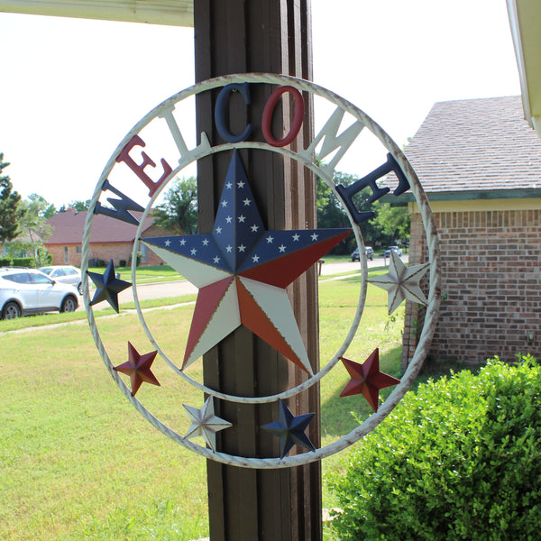 24" WELCOME USA FLAG BARN METAL FLAT STAR 2D PLAIN RED WHITE BLUE WESTER HOME DECOR HANDMADE NEW #EH12310