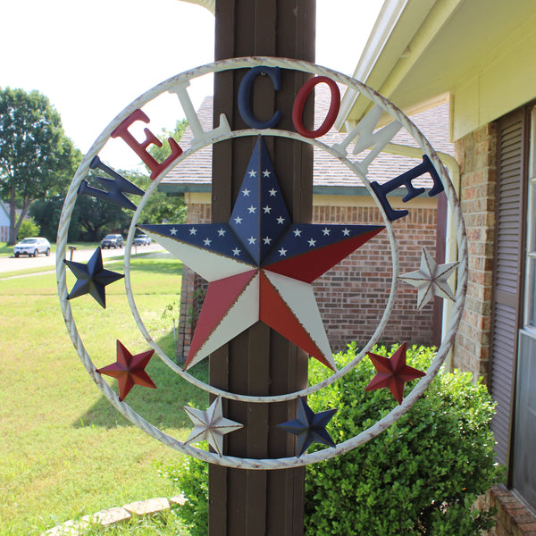 24" WELCOME USA FLAG BARN METAL FLAT STAR 2D PLAIN RED WHITE BLUE WESTER HOME DECOR HANDMADE NEW #EH12310