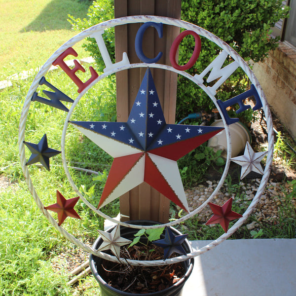 24" WELCOME USA FLAG BARN METAL FLAT STAR 2D PLAIN RED WHITE BLUE WESTER HOME DECOR HANDMADE NEW #EH12310