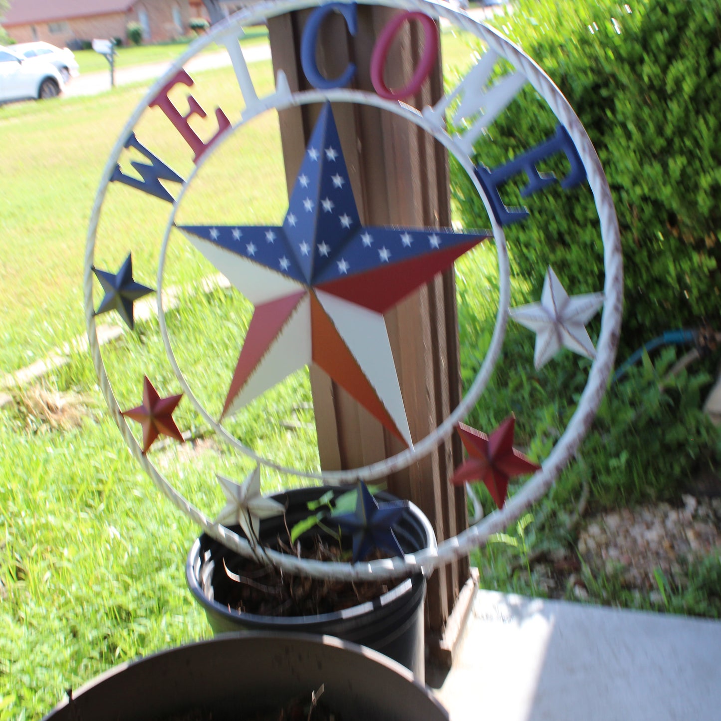 24" WELCOME USA FLAG BARN METAL FLAT STAR 2D PLAIN RED WHITE BLUE WESTERN HOME DECOR HANDMADE NEW #EH12310
