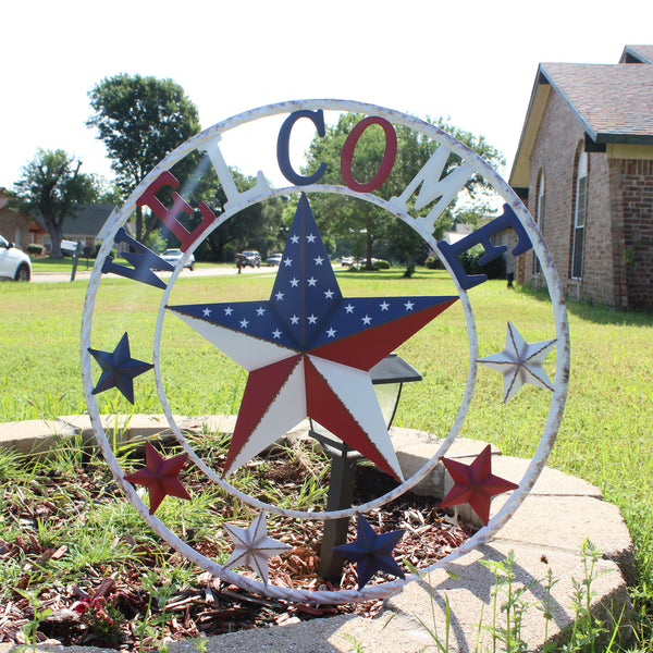 24" WELCOME USA FLAG BARN METAL FLAT STAR 2D PLAIN RED WHITE BLUE WESTER HOME DECOR HANDMADE NEW #EH12310