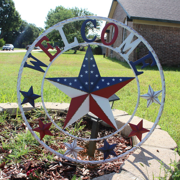 24" WELCOME USA FLAG BARN METAL FLAT STAR 2D PLAIN RED WHITE BLUE WESTER HOME DECOR HANDMADE NEW #EH12310