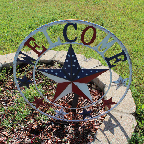 24" WELCOME USA FLAG BARN METAL FLAT STAR 2D PLAIN RED WHITE BLUE WESTER HOME DECOR HANDMADE NEW #EH12310
