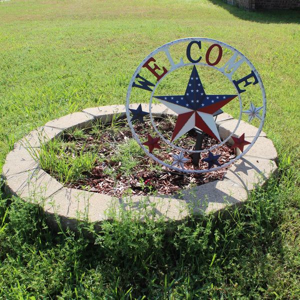 24" WELCOME USA FLAG BARN METAL FLAT STAR 2D PLAIN RED WHITE BLUE WESTER HOME DECOR HANDMADE NEW #EH12310