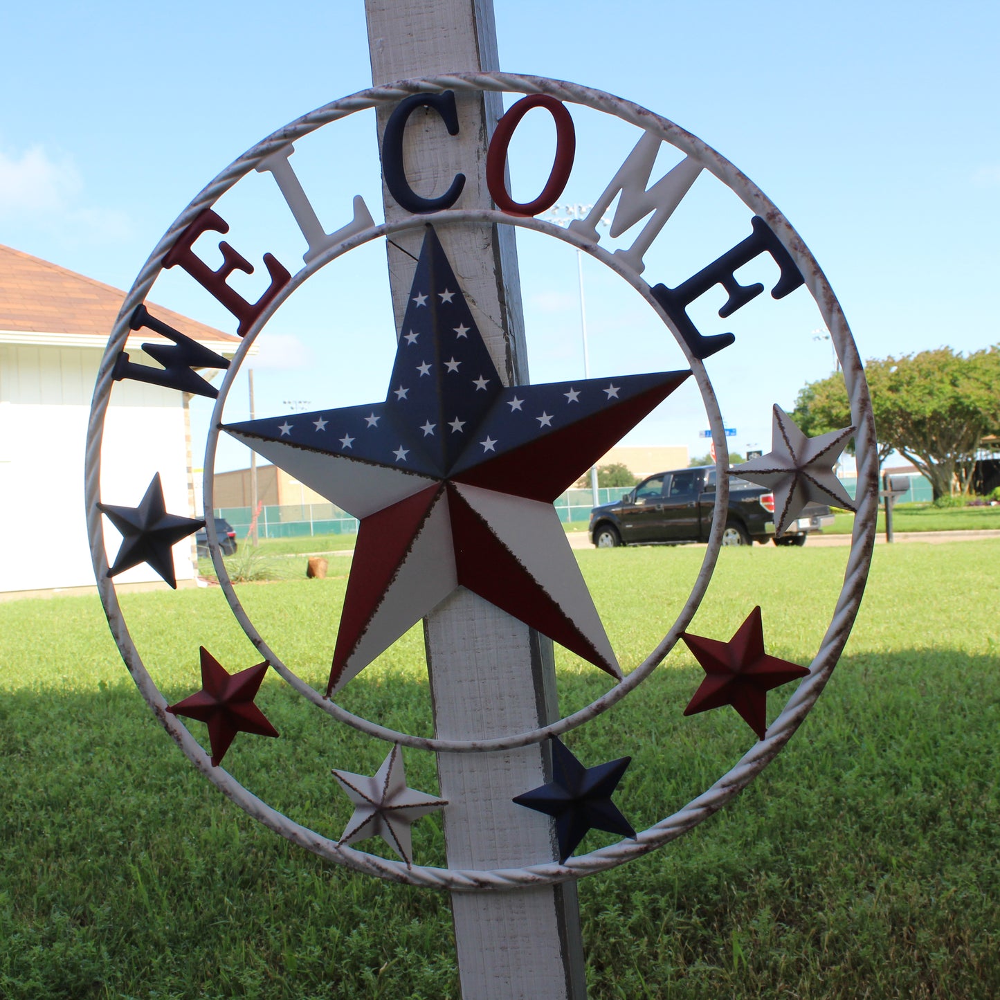 24" WELCOME USA FLAG BARN METAL FLAT STAR 2D PLAIN RED WHITE BLUE WESTERN HOME DECOR HANDMADE NEW #EH12310