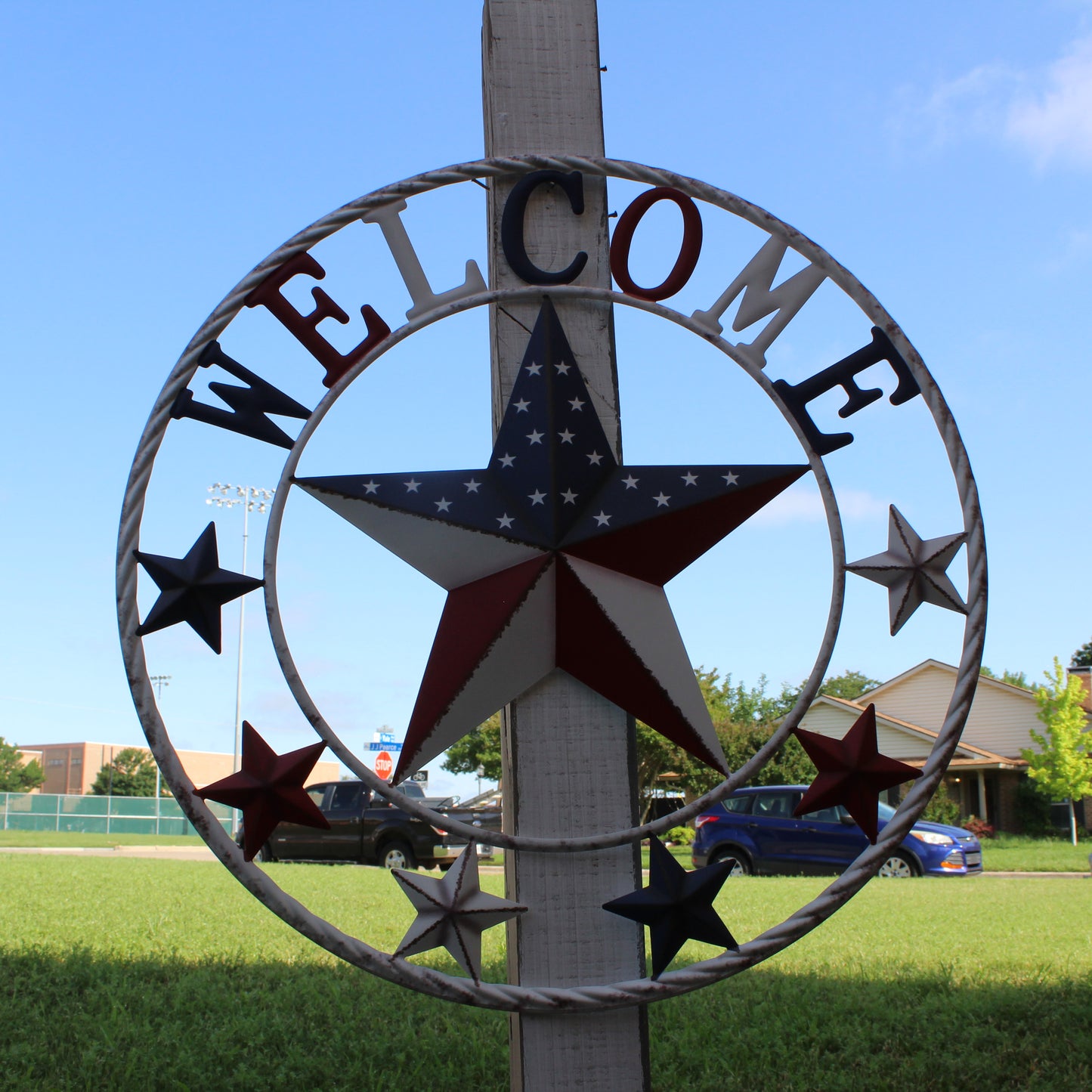 24" WELCOME USA FLAG BARN METAL FLAT STAR 2D PLAIN RED WHITE BLUE WESTERN HOME DECOR HANDMADE NEW #EH12310
