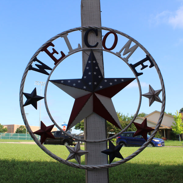 24" WELCOME USA FLAG BARN METAL FLAT STAR 2D PLAIN RED WHITE BLUE WESTER HOME DECOR HANDMADE NEW #EH12310
