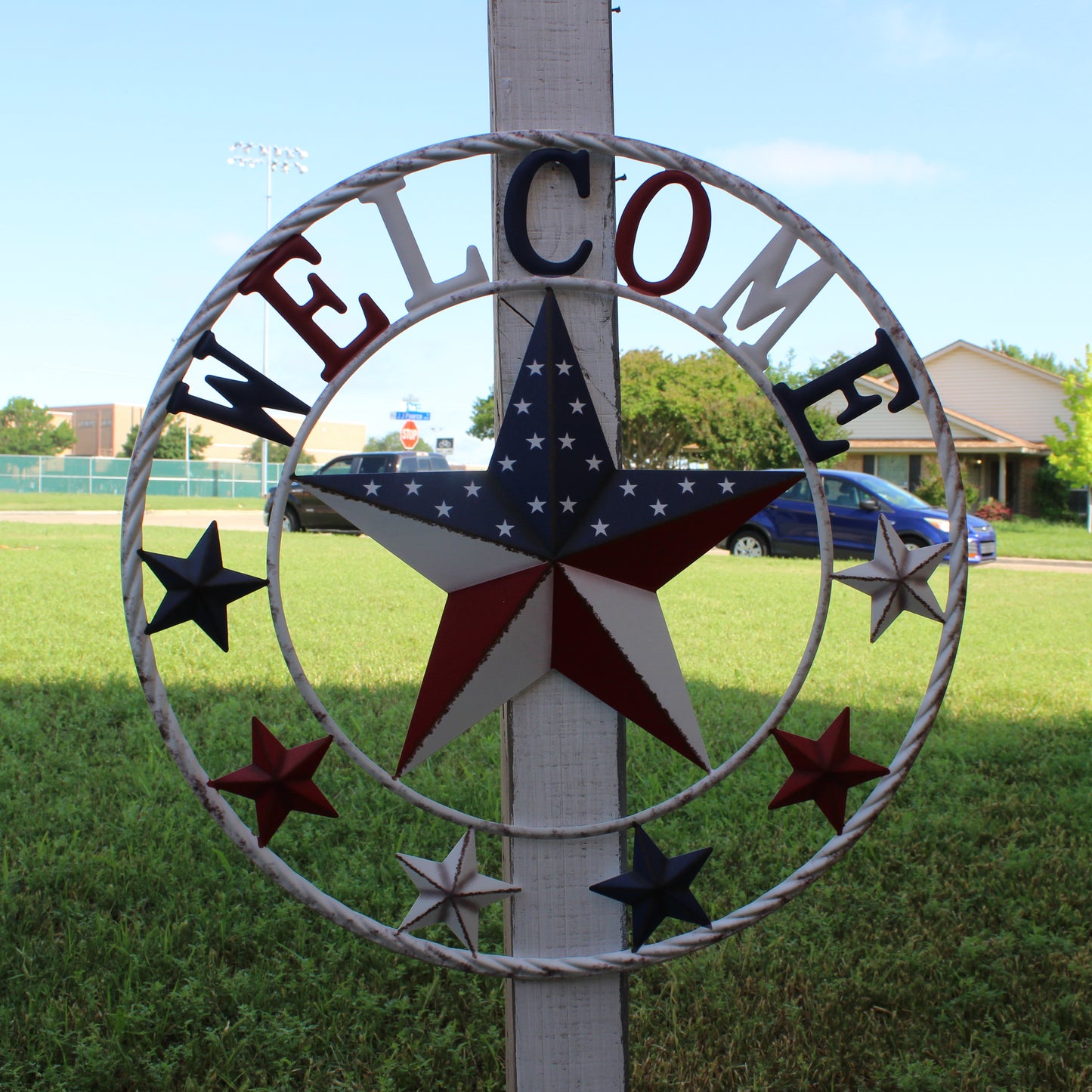 24" WELCOME USA FLAG BARN METAL FLAT STAR 2D PLAIN RED WHITE BLUE WESTERN HOME DECOR HANDMADE NEW #EH12310