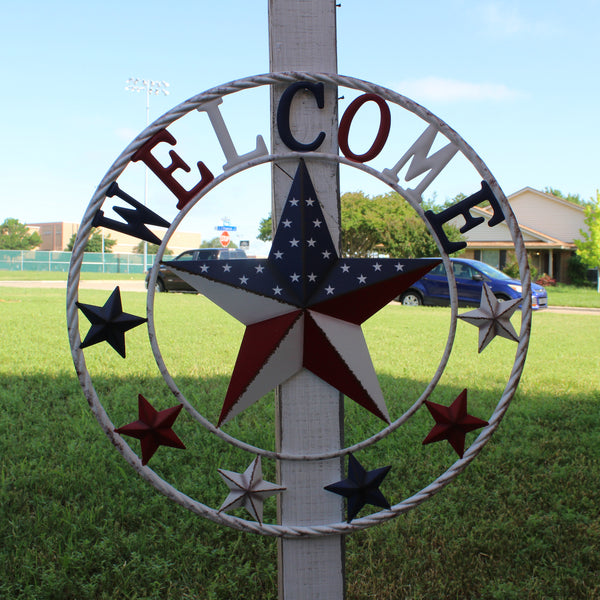 24" WELCOME USA FLAG BARN METAL FLAT STAR 2D PLAIN RED WHITE BLUE WESTER HOME DECOR HANDMADE NEW #EH12310