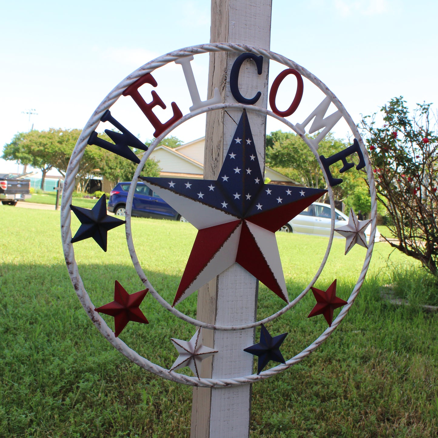 24" WELCOME USA FLAG BARN METAL FLAT STAR 2D PLAIN RED WHITE BLUE WESTERN HOME DECOR HANDMADE NEW #EH12310