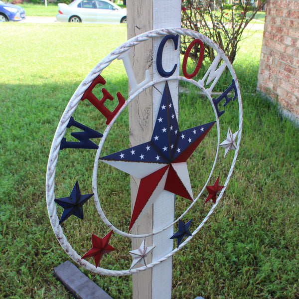 24" WELCOME USA FLAG BARN METAL FLAT STAR 2D PLAIN RED WHITE BLUE WESTER HOME DECOR HANDMADE NEW #EH12310