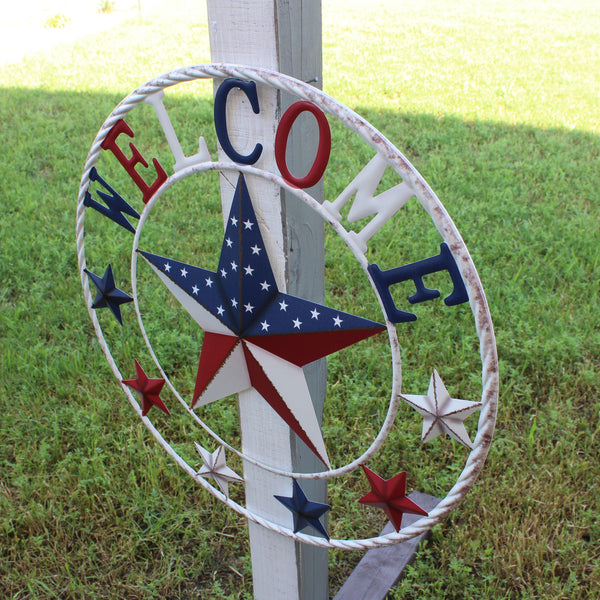 24" WELCOME USA FLAG BARN METAL FLAT STAR 2D PLAIN RED WHITE BLUE WESTER HOME DECOR HANDMADE NEW #EH12310