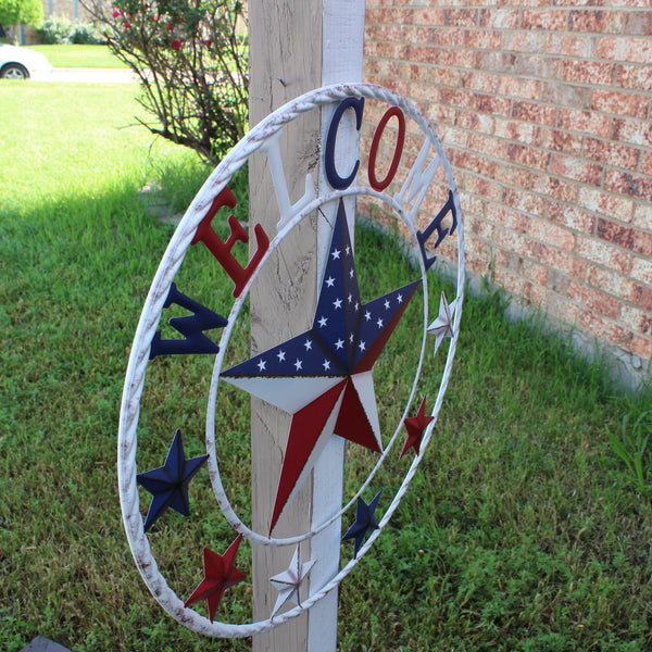 24" WELCOME USA FLAG BARN METAL FLAT STAR 2D PLAIN RED WHITE BLUE WESTER HOME DECOR HANDMADE NEW #EH12310