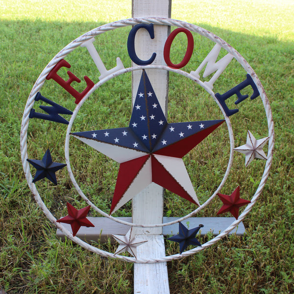 24" WELCOME USA FLAG BARN METAL FLAT STAR 2D PLAIN RED WHITE BLUE WESTER HOME DECOR HANDMADE NEW #EH12310