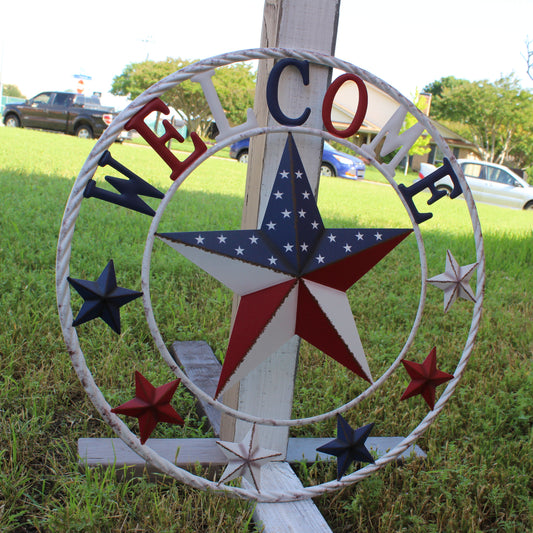 24" WELCOME USA FLAG BARN METAL FLAT STAR 2D PLAIN RED WHITE BLUE WESTERN HOME DECOR HANDMADE NEW #EH12310