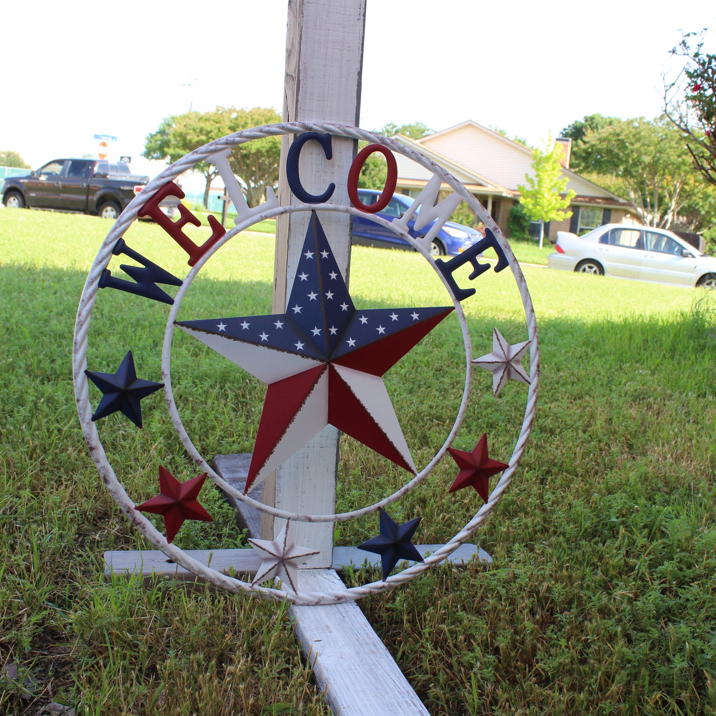 24" WELCOME USA FLAG BARN METAL FLAT STAR 2D PLAIN RED WHITE BLUE WESTERN HOME DECOR HANDMADE NEW #EH12310