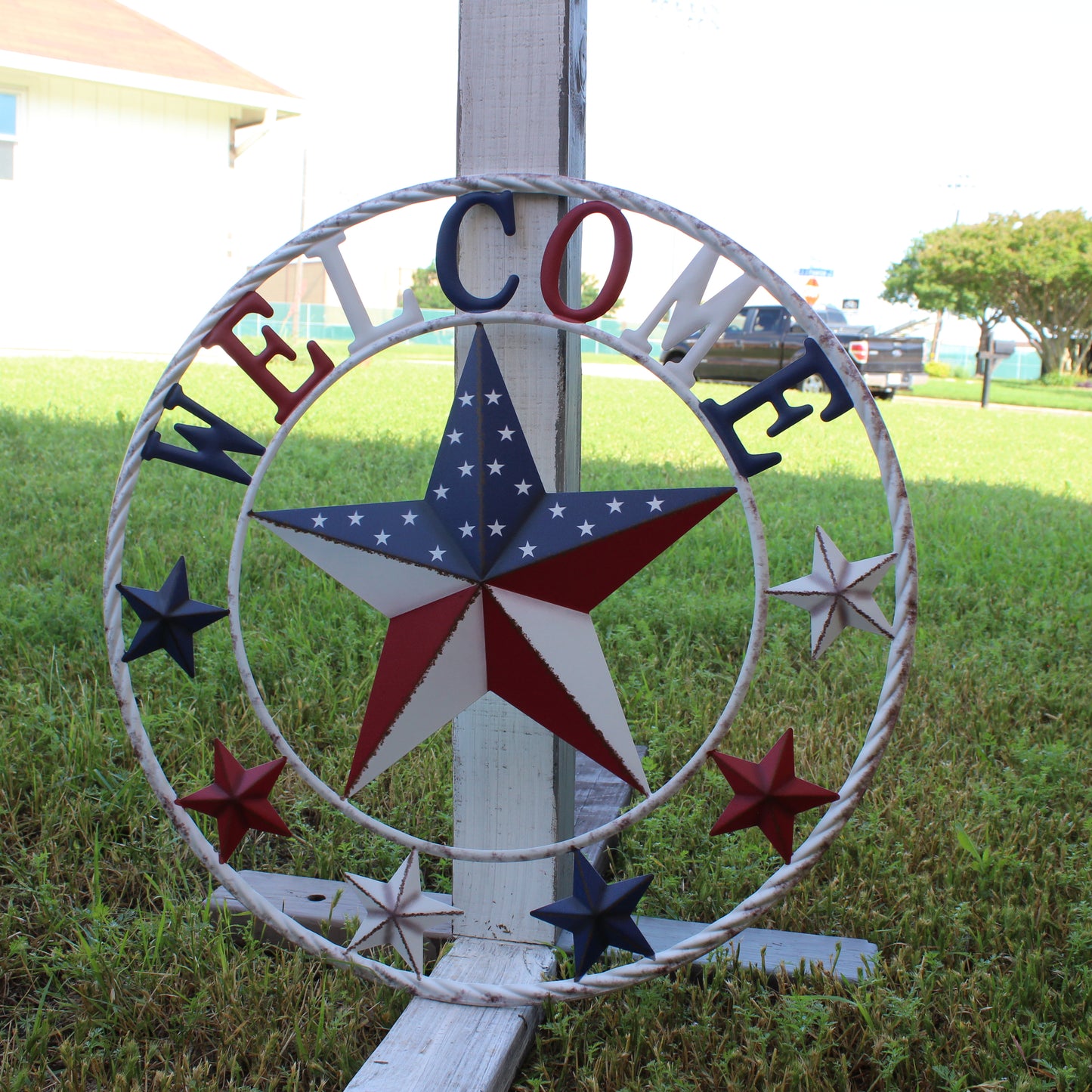24" WELCOME USA FLAG BARN METAL FLAT STAR 2D PLAIN RED WHITE BLUE WESTERN HOME DECOR HANDMADE NEW #EH12310
