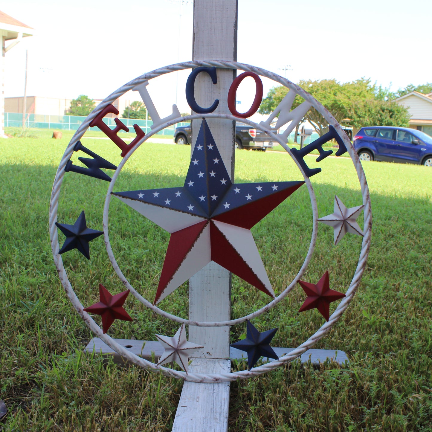 24" WELCOME USA FLAG BARN METAL FLAT STAR 2D PLAIN RED WHITE BLUE WESTERN HOME DECOR HANDMADE NEW #EH12310