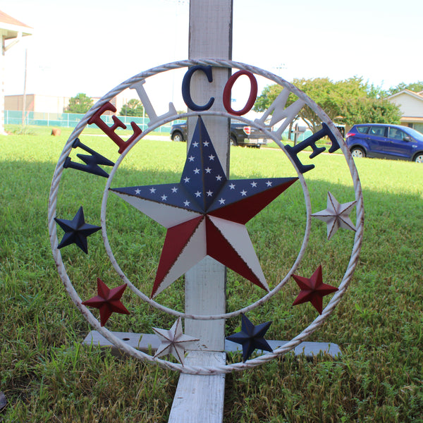24" WELCOME USA FLAG BARN METAL FLAT STAR 2D PLAIN RED WHITE BLUE WESTER HOME DECOR HANDMADE NEW #EH12310