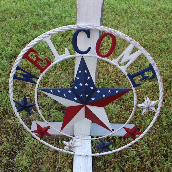24" WELCOME USA FLAG BARN METAL FLAT STAR 2D PLAIN RED WHITE BLUE WESTER HOME DECOR HANDMADE NEW #EH12310