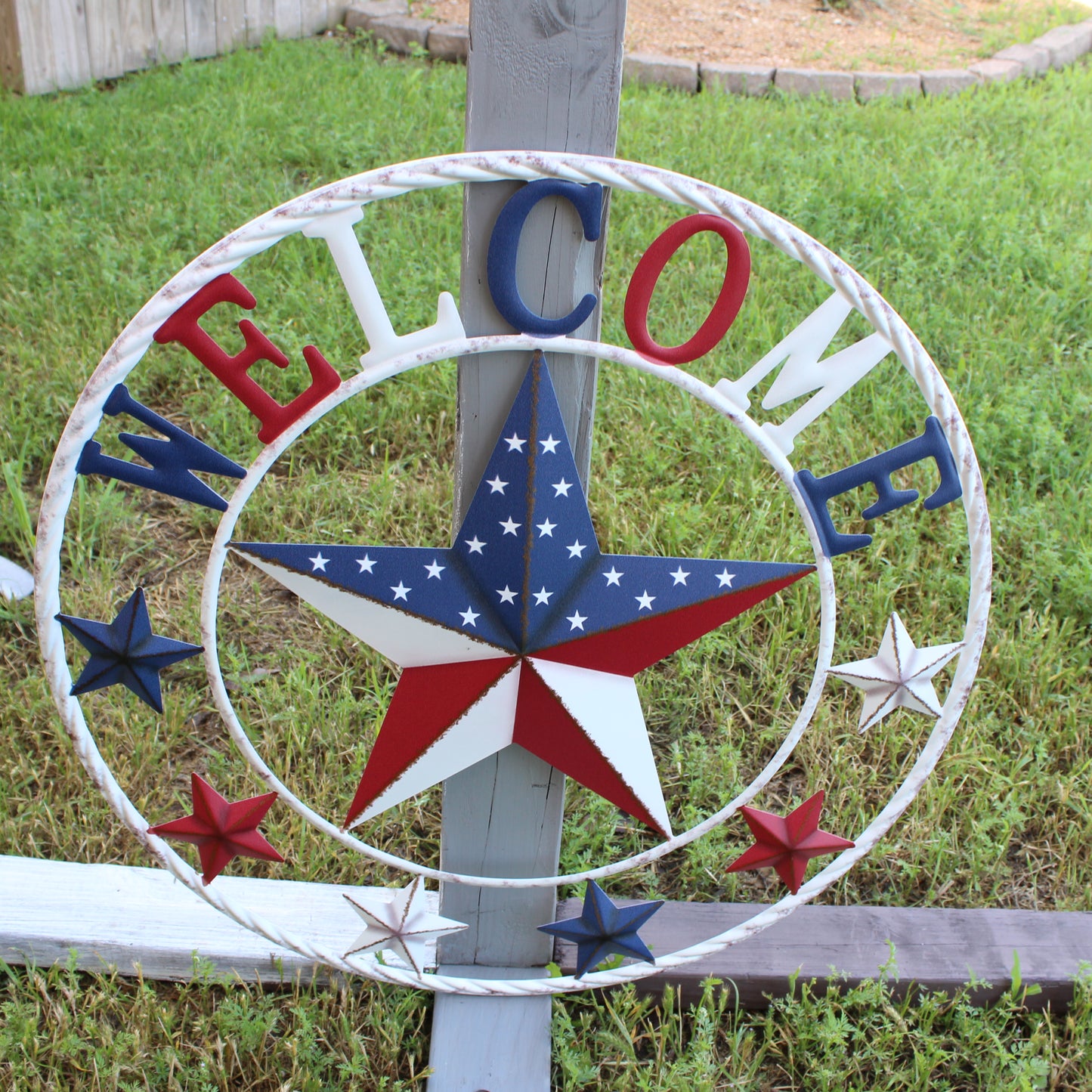 24" WELCOME USA FLAG BARN METAL FLAT STAR 2D PLAIN RED WHITE BLUE WESTERN HOME DECOR HANDMADE NEW #EH12310