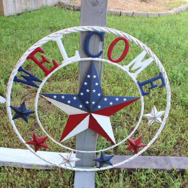 24" WELCOME USA FLAG BARN METAL FLAT STAR 2D PLAIN RED WHITE BLUE WESTER HOME DECOR HANDMADE NEW #EH12310