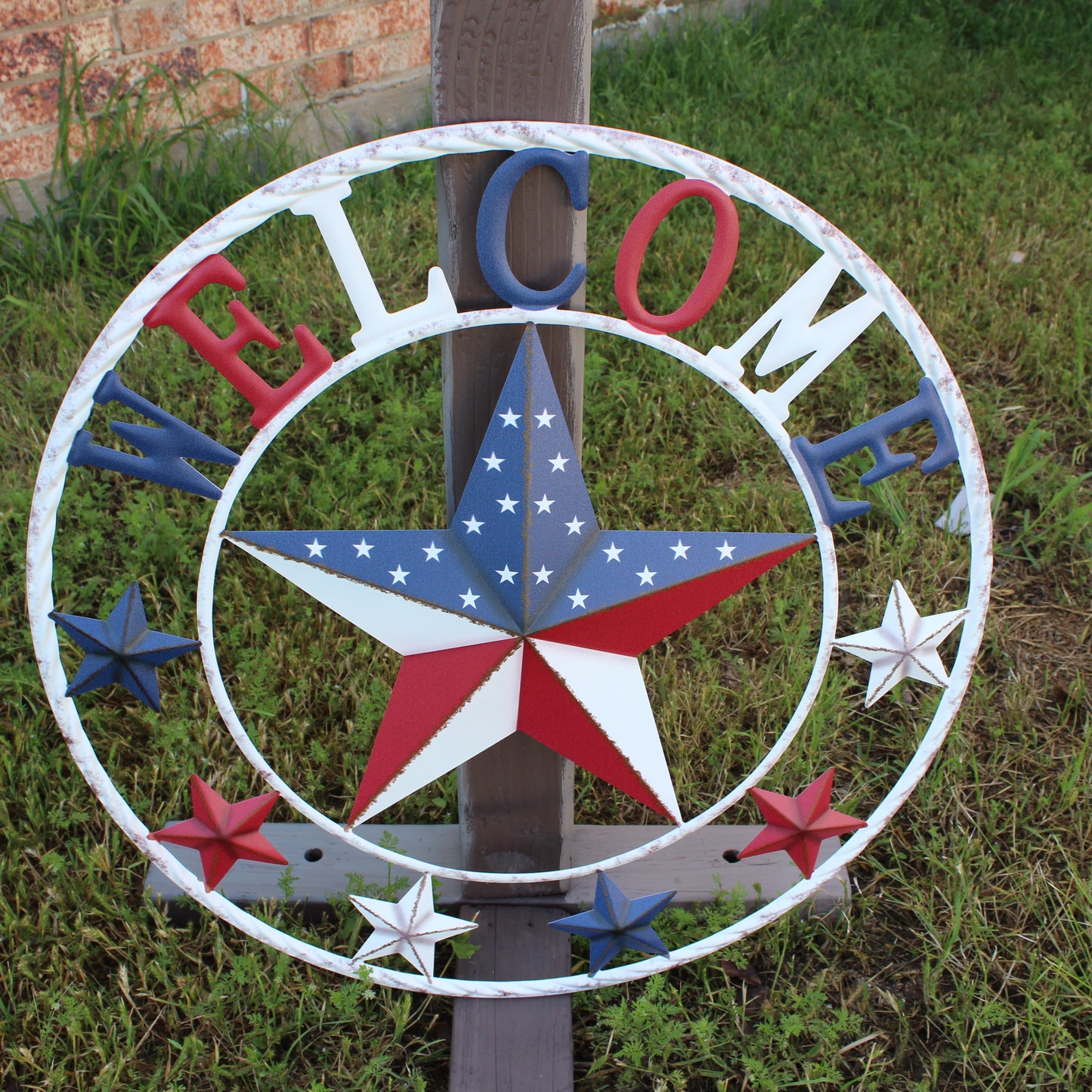 24" WELCOME USA FLAG BARN METAL FLAT STAR 2D PLAIN RED WHITE BLUE WESTERN HOME DECOR HANDMADE NEW #EH12310