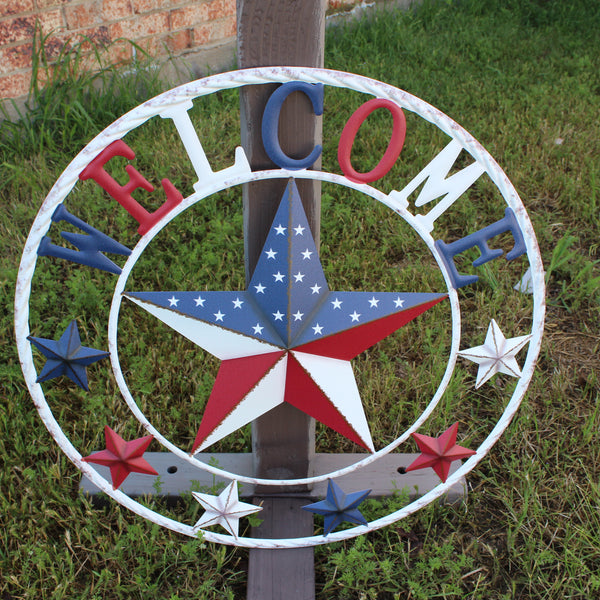 24" WELCOME USA FLAG BARN METAL FLAT STAR 2D PLAIN RED WHITE BLUE WESTER HOME DECOR HANDMADE NEW #EH12310