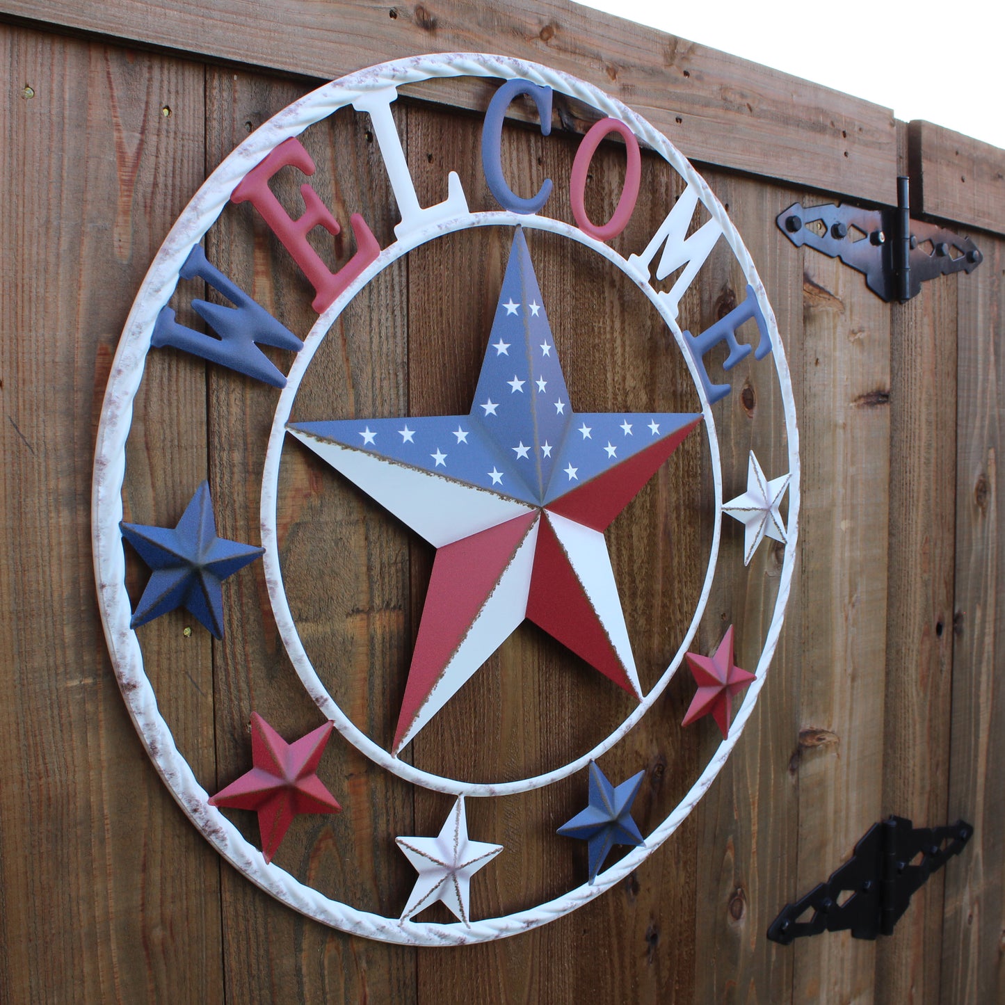 24" WELCOME USA FLAG BARN METAL FLAT STAR 2D PLAIN RED WHITE BLUE WESTERN HOME DECOR HANDMADE NEW #EH12310