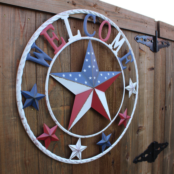 24" WELCOME USA FLAG BARN METAL FLAT STAR 2D PLAIN RED WHITE BLUE WESTER HOME DECOR HANDMADE NEW #EH12310
