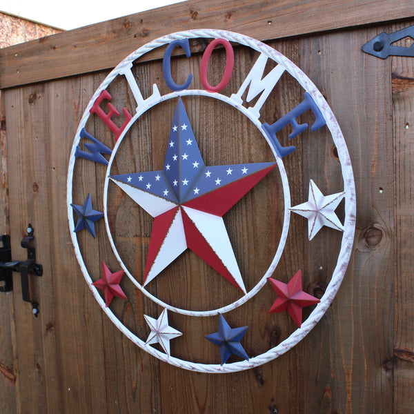 24" WELCOME USA FLAG BARN METAL FLAT STAR 2D PLAIN RED WHITE BLUE WESTER HOME DECOR HANDMADE NEW #EH12310