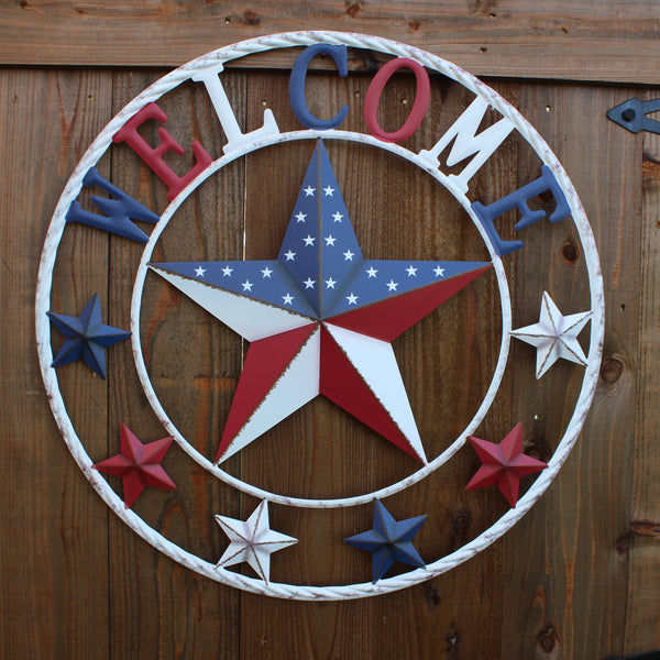 24" WELCOME USA FLAG BARN METAL FLAT STAR 2D PLAIN RED WHITE BLUE WESTER HOME DECOR HANDMADE NEW #EH12310