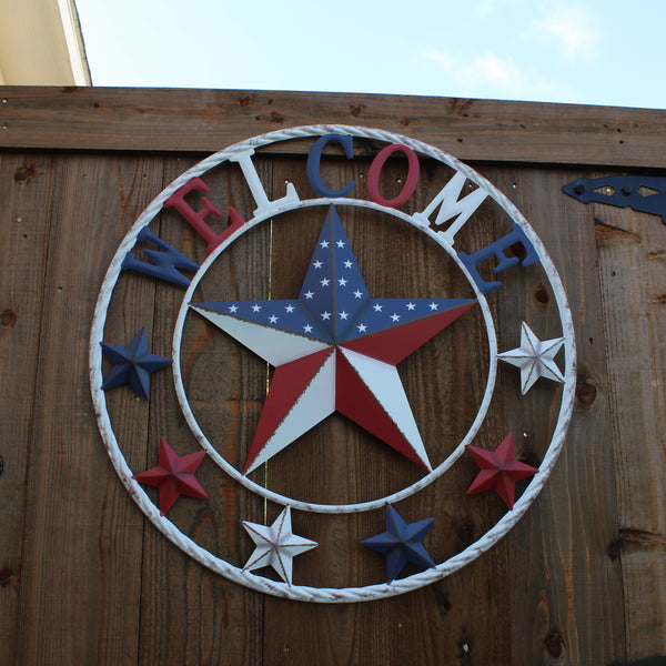 24" WELCOME USA FLAG BARN METAL FLAT STAR 2D PLAIN RED WHITE BLUE WESTER HOME DECOR HANDMADE NEW #EH12310