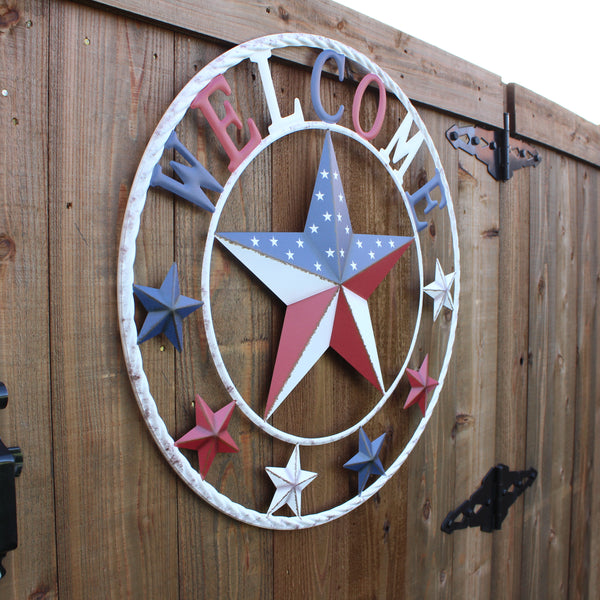 24" WELCOME USA FLAG BARN METAL FLAT STAR 2D PLAIN RED WHITE BLUE WESTER HOME DECOR HANDMADE NEW #EH12310