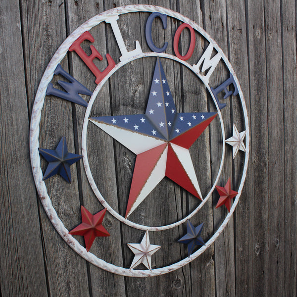 24" WELCOME USA FLAG BARN METAL FLAT STAR 2D PLAIN RED WHITE BLUE WESTER HOME DECOR HANDMADE NEW #EH12310