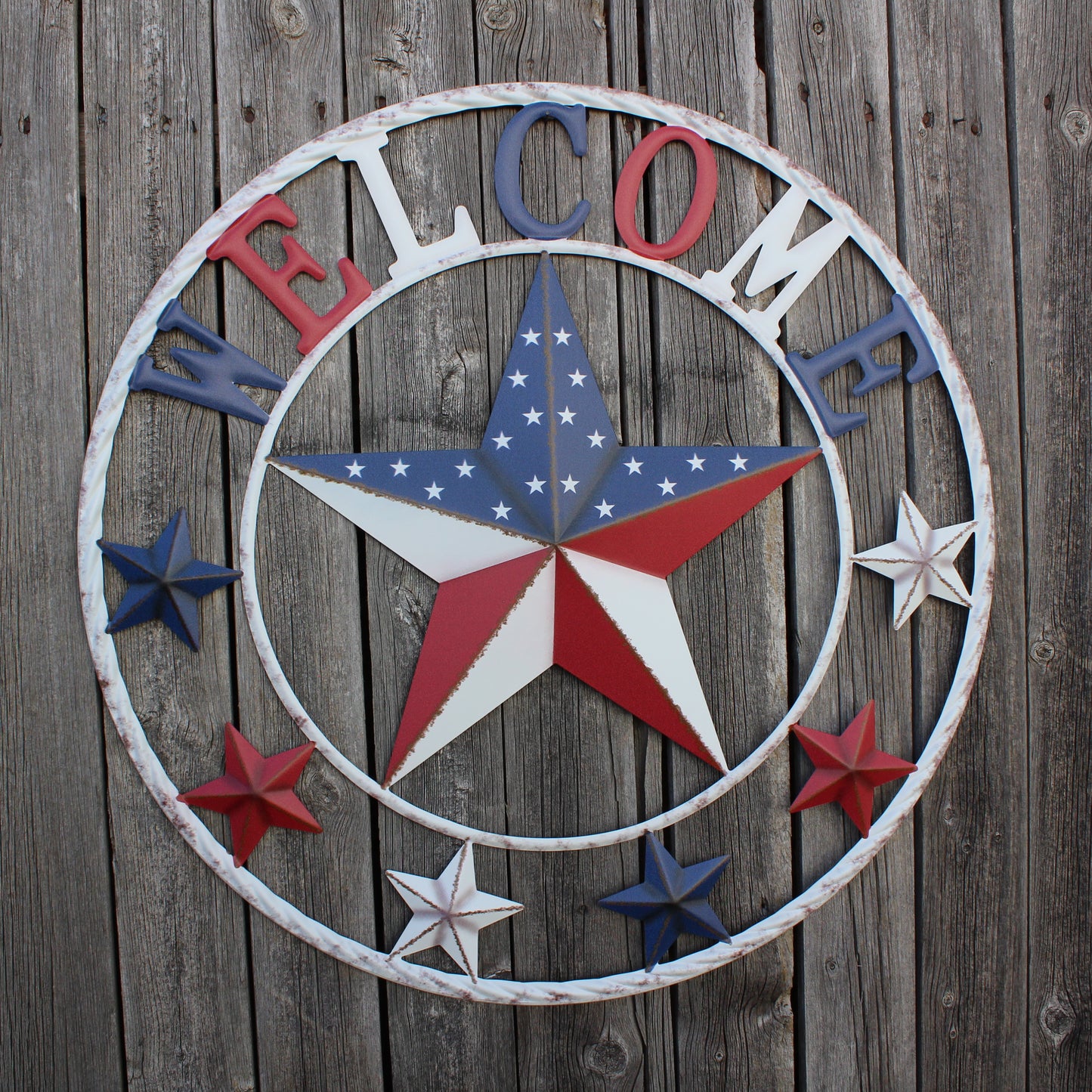 24" WELCOME USA FLAG BARN METAL FLAT STAR 2D PLAIN RED WHITE BLUE WESTERN HOME DECOR HANDMADE NEW #EH12310