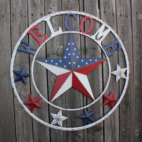 24" WELCOME USA FLAG BARN METAL FLAT STAR 2D PLAIN RED WHITE BLUE WESTER HOME DECOR HANDMADE NEW #EH12310
