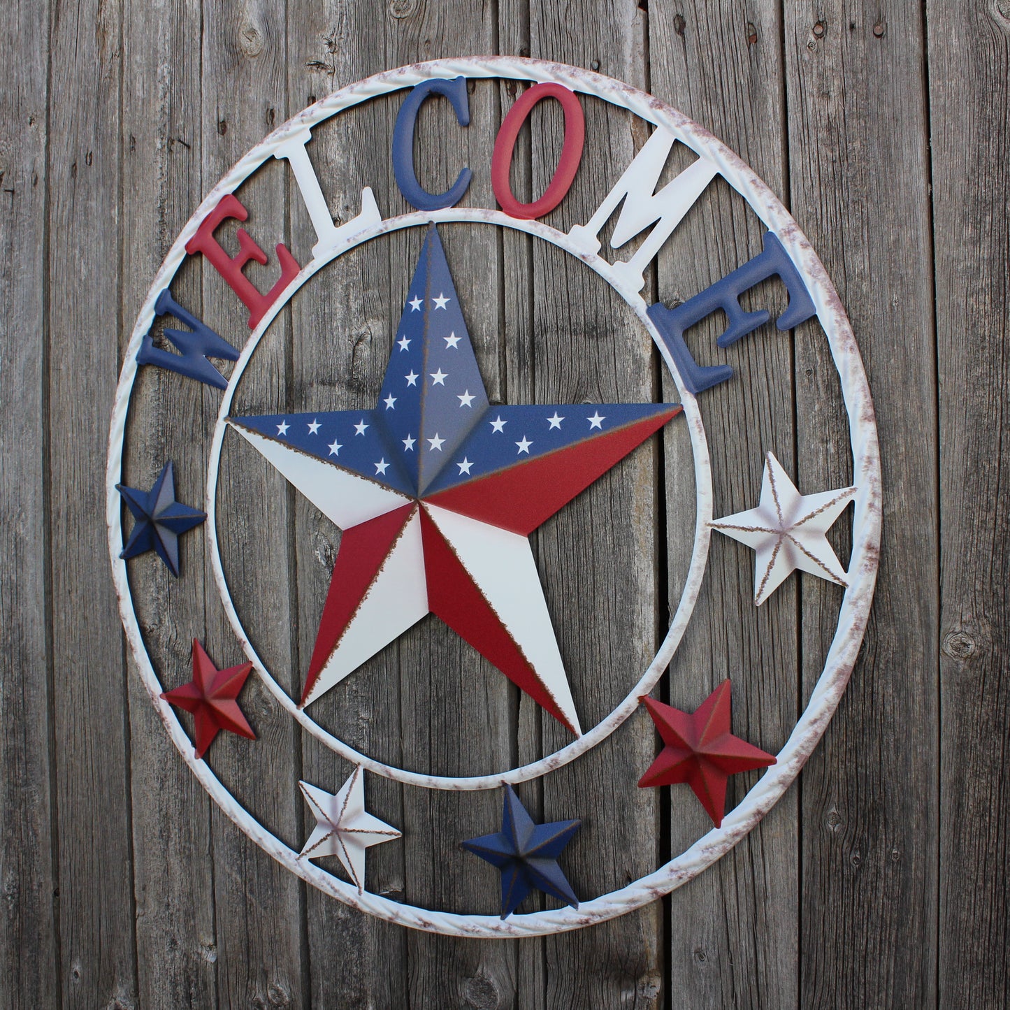 24" WELCOME USA FLAG BARN METAL FLAT STAR 2D PLAIN RED WHITE BLUE WESTERN HOME DECOR HANDMADE NEW #EH12310