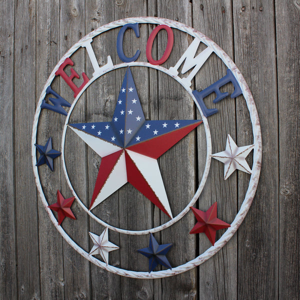 24" WELCOME USA FLAG BARN METAL FLAT STAR 2D PLAIN RED WHITE BLUE WESTER HOME DECOR HANDMADE NEW #EH12310