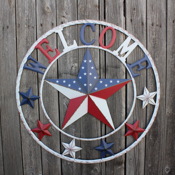 24" WELCOME USA FLAG BARN METAL FLAT STAR 2D PLAIN RED WHITE BLUE WESTER HOME DECOR HANDMADE NEW #EH12310