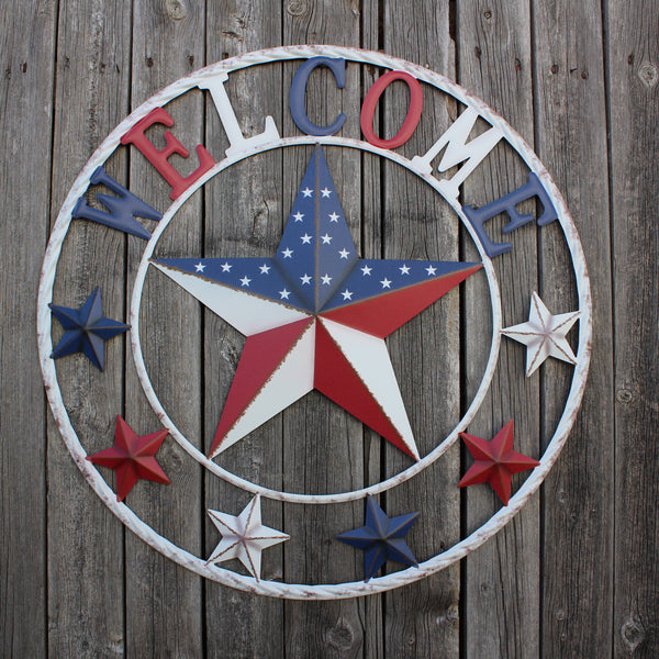 24" WELCOME USA FLAG BARN METAL FLAT STAR 2D PLAIN RED WHITE BLUE WESTER HOME DECOR HANDMADE NEW #EH12310