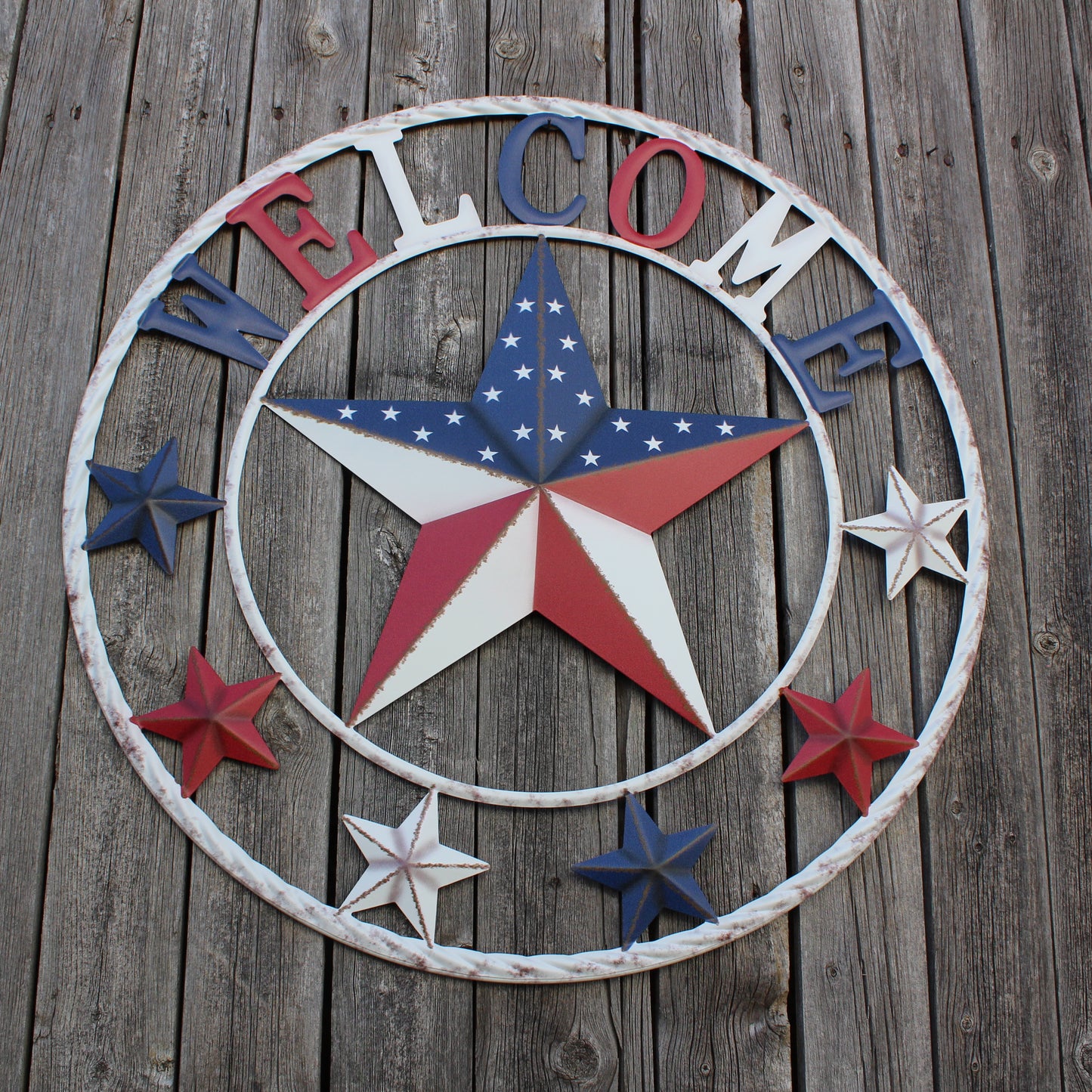 24" WELCOME USA FLAG BARN METAL FLAT STAR 2D PLAIN RED WHITE BLUE WESTERN HOME DECOR HANDMADE NEW #EH12310