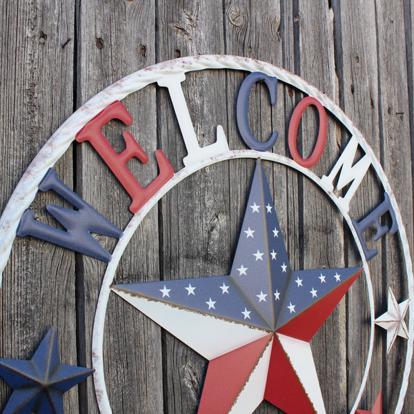 24" WELCOME USA FLAG BARN METAL FLAT STAR 2D PLAIN RED WHITE BLUE WESTER HOME DECOR HANDMADE NEW #EH12310