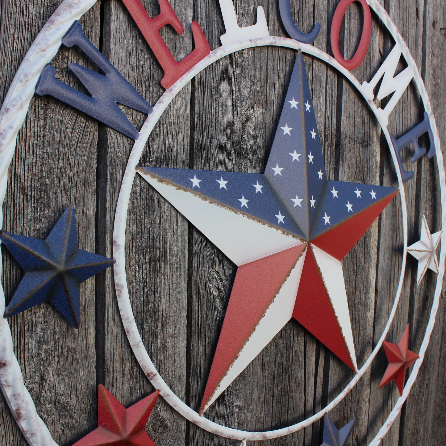 24" WELCOME USA FLAG BARN METAL FLAT STAR 2D PLAIN RED WHITE BLUE WESTERN HOME DECOR HANDMADE NEW #EH12310