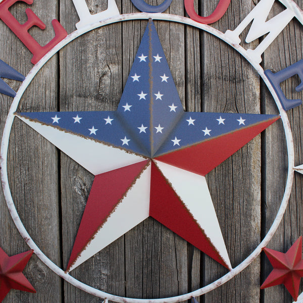 24" WELCOME USA FLAG BARN METAL FLAT STAR 2D PLAIN RED WHITE BLUE WESTER HOME DECOR HANDMADE NEW #EH12310